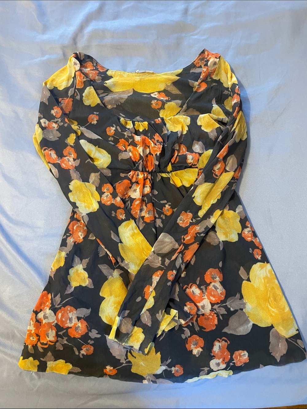 Womens Black Floral Long-iSleeve Blouse with Yellow & Orange Blooms